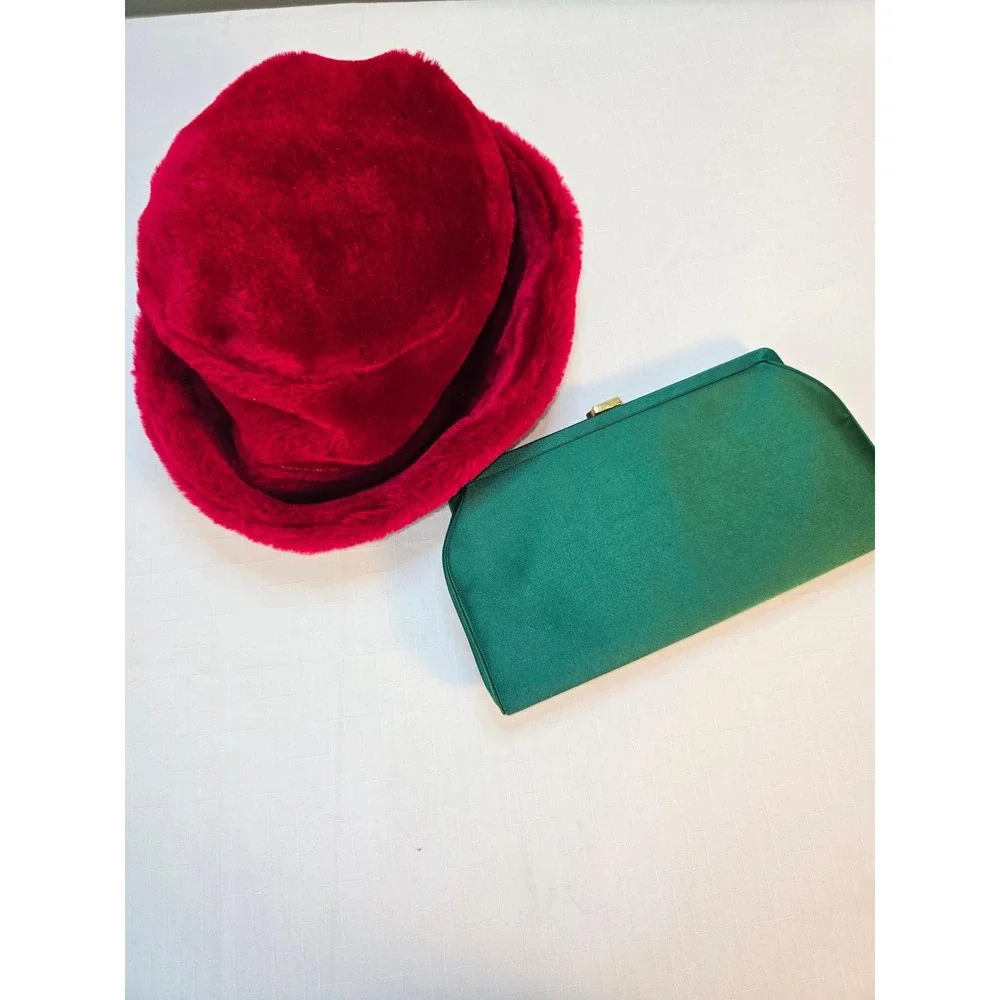 Vintage MM Emerald Green Satin Evening Clutch Bag with Coin Purse and Mirror